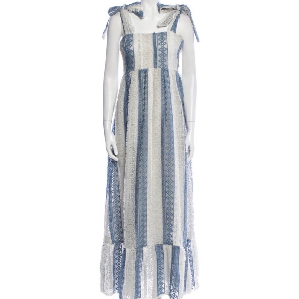 Athena Procopiou Blue and White Long Lace Eyelet Prairie Dress XS